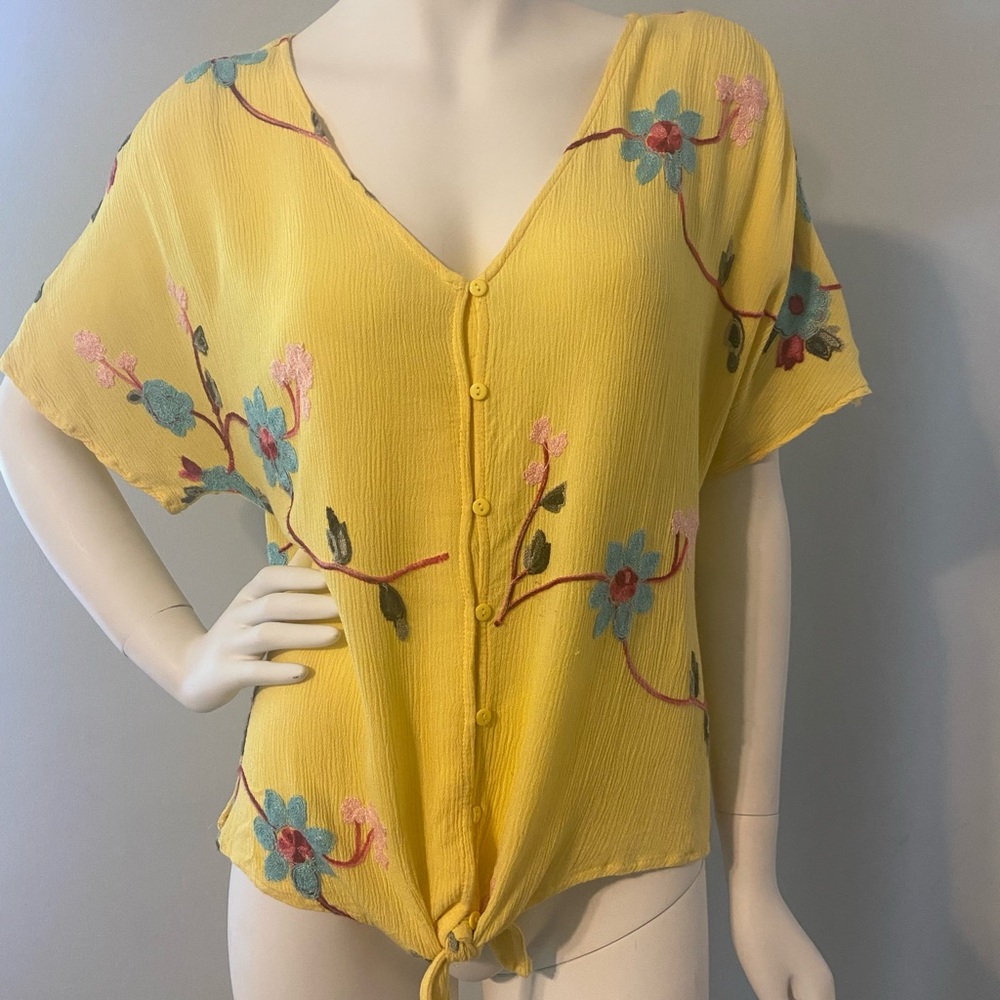 LIV Los Angeles Anthropologie Peasant Top Blouse Boho Embroidered Floral Size L